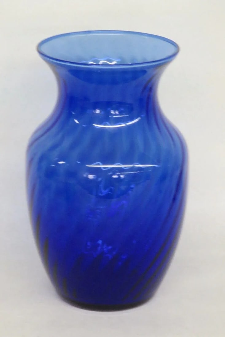 Indiana Glass Style Cobalt Blue Optic Swirl Hand Blown Vase - 2