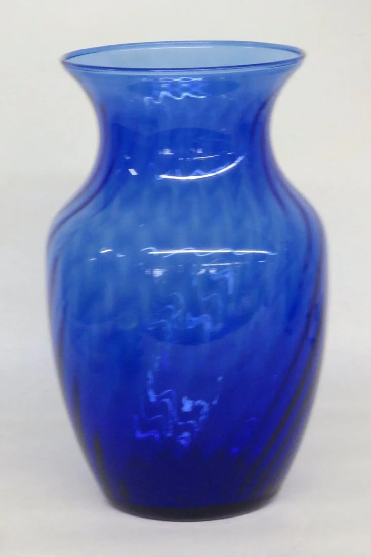Indiana Glass Style Cobalt Blue Optic Swirl Hand Blown Vase - 3