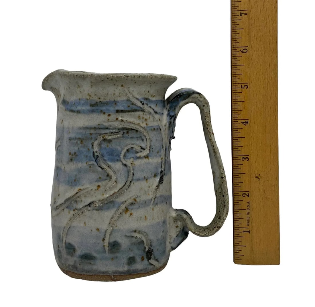 Contemporary Studio Pottery Handcrafted Blue White Brown Pitcher Artist Signed "œrem" - 11