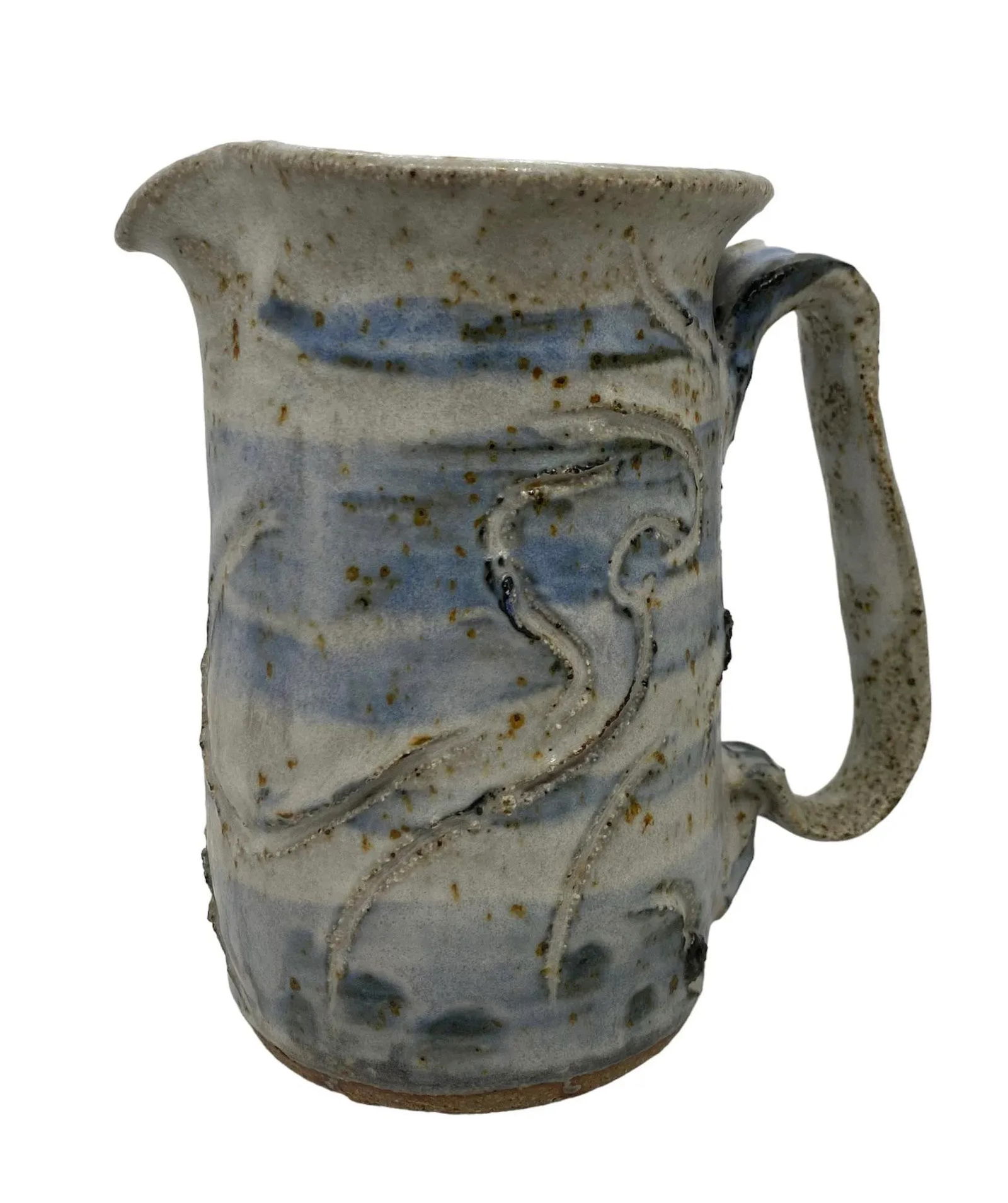 Contemporary Studio Pottery Handcrafted Blue White Brown Pitcher Artist Signed "œrem" - 3