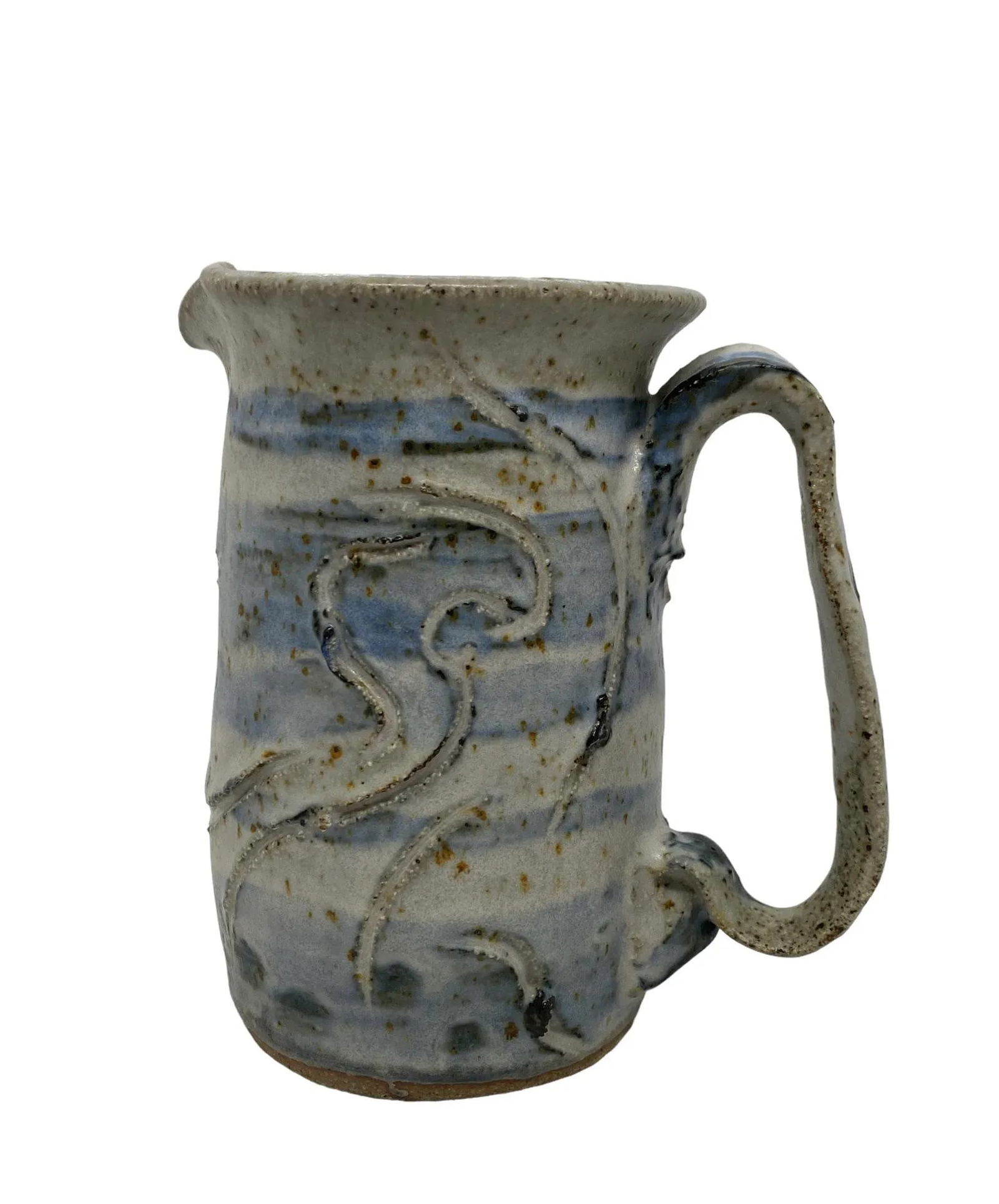 Contemporary Studio Pottery Handcrafted Blue White Brown Pitcher Artist Signed "œrem" - 4