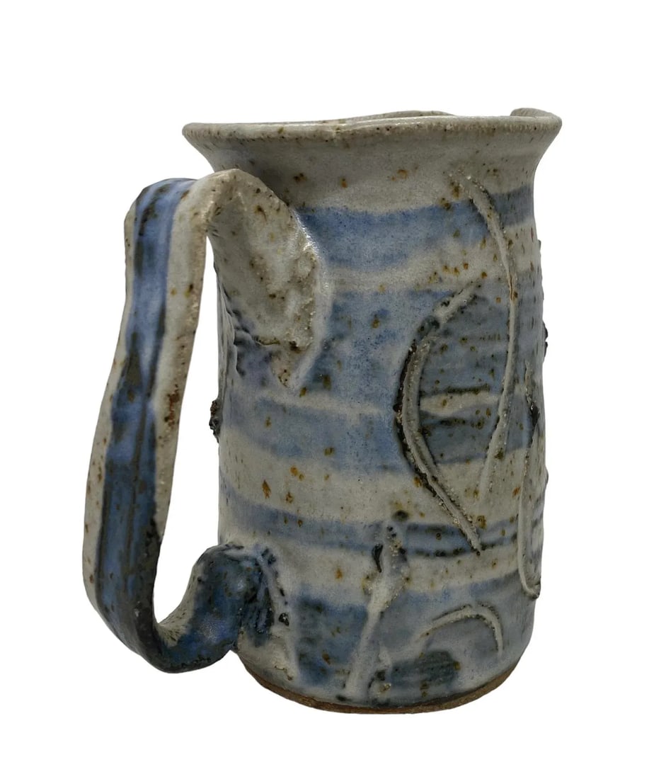 Contemporary Studio Pottery Handcrafted Blue White Brown Pitcher Artist Signed "œrem" - 5