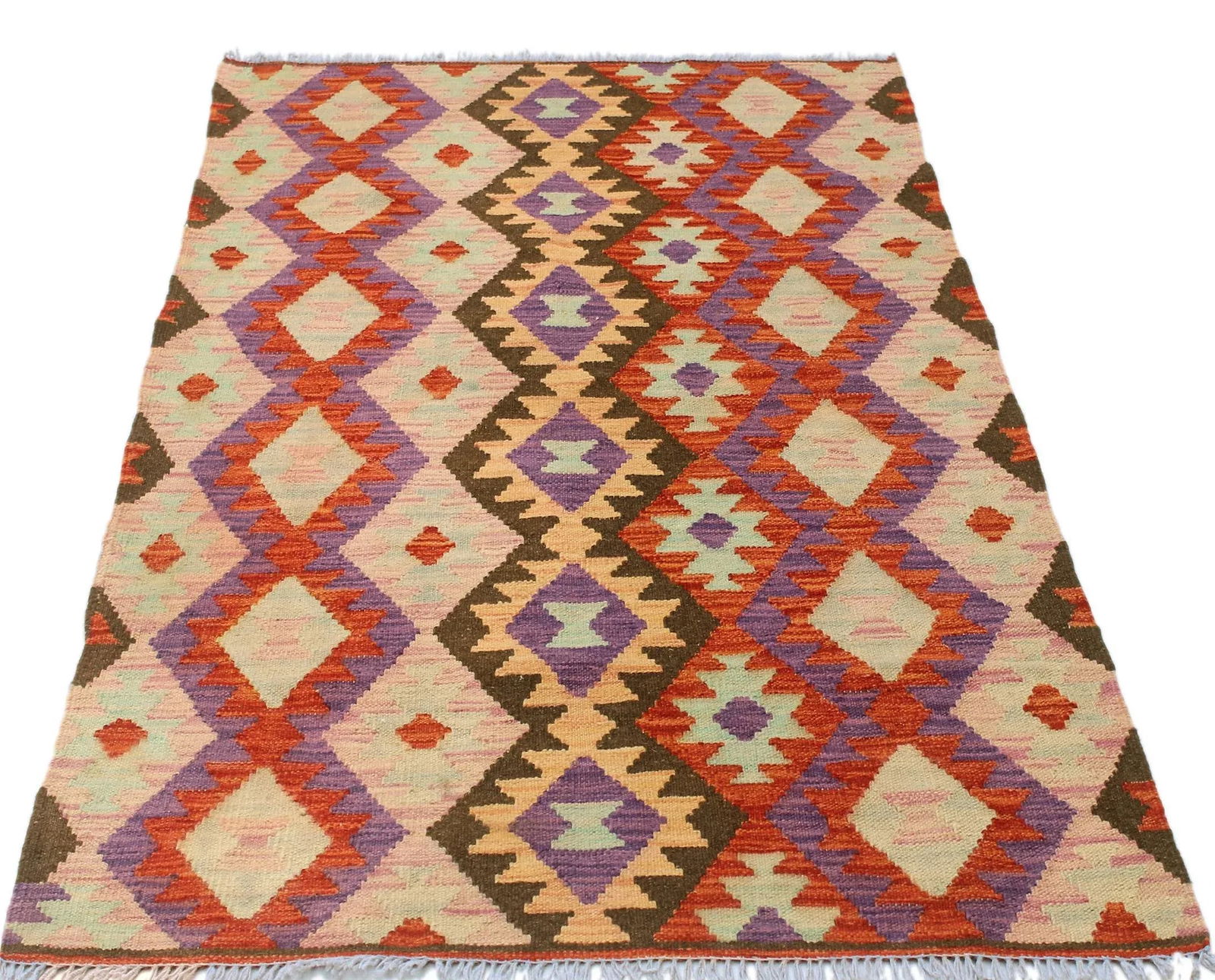 Shabby Chic Abstract Kilim Red Pink Wool Rug - 3'5" X 5'1" - 7