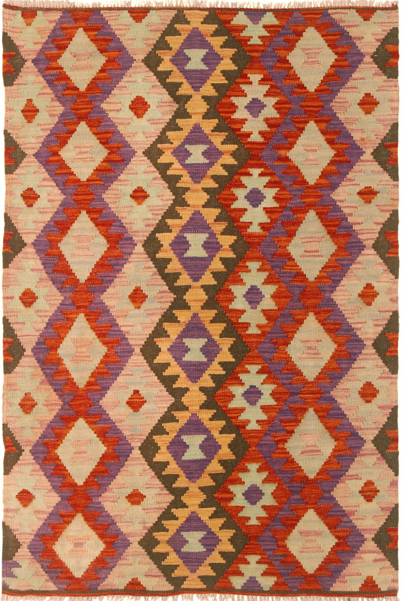 Shabby Chic Abstract Kilim Red Pink Wool Rug - 3'5" X 5'1" - 8