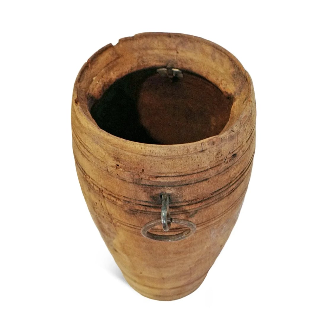 Rustic Vintage Wood Pot W/Ring Handles - 2