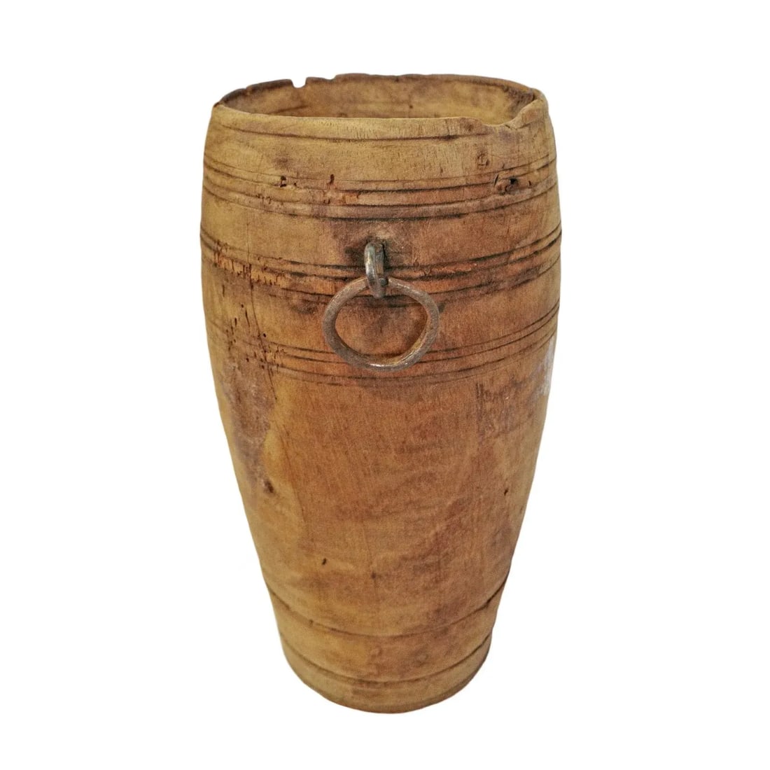 Rustic Vintage Wood Pot W/Ring Handles - 7