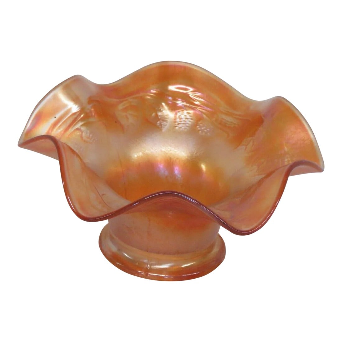 Fenton Marigold Carnival Glass Blackberry Spray Ruffled Candy Dish Bowl: This magnificent bowl is made of carnival glass. This bowl is made in the "Blackberry Spray" pattern used by Fenton; it features a gorgeous marigold color with an iridescent finish, ruffled rim silhou