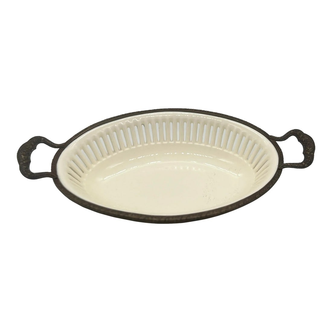 Vintage Continental Ormolu Mounted Pierced Creamware Basket: Continental, 20th century. A traditional creamware basket with pierced body. The bowl is mounted with an engraved ormolu mount. Marked to underside. Condition: Alterations: Original Condition