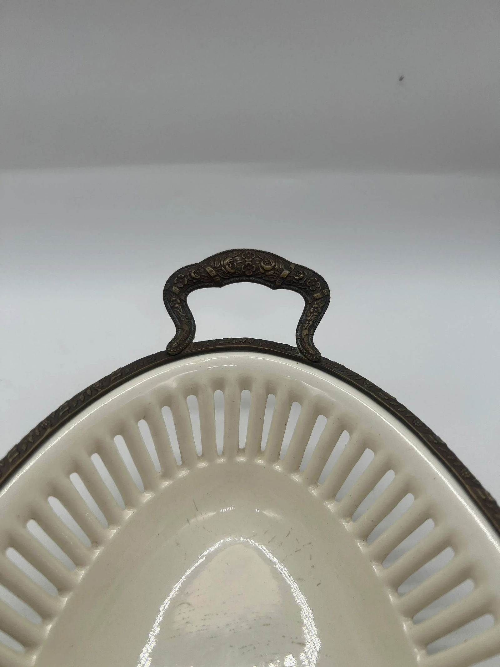 Vintage Continental Ormolu Mounted Pierced Creamware Basket - 3