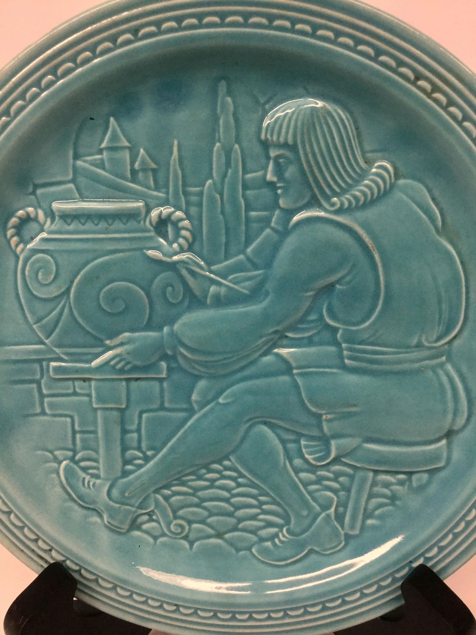 Vintage Aqua Ceramic Plate With Stand - 2