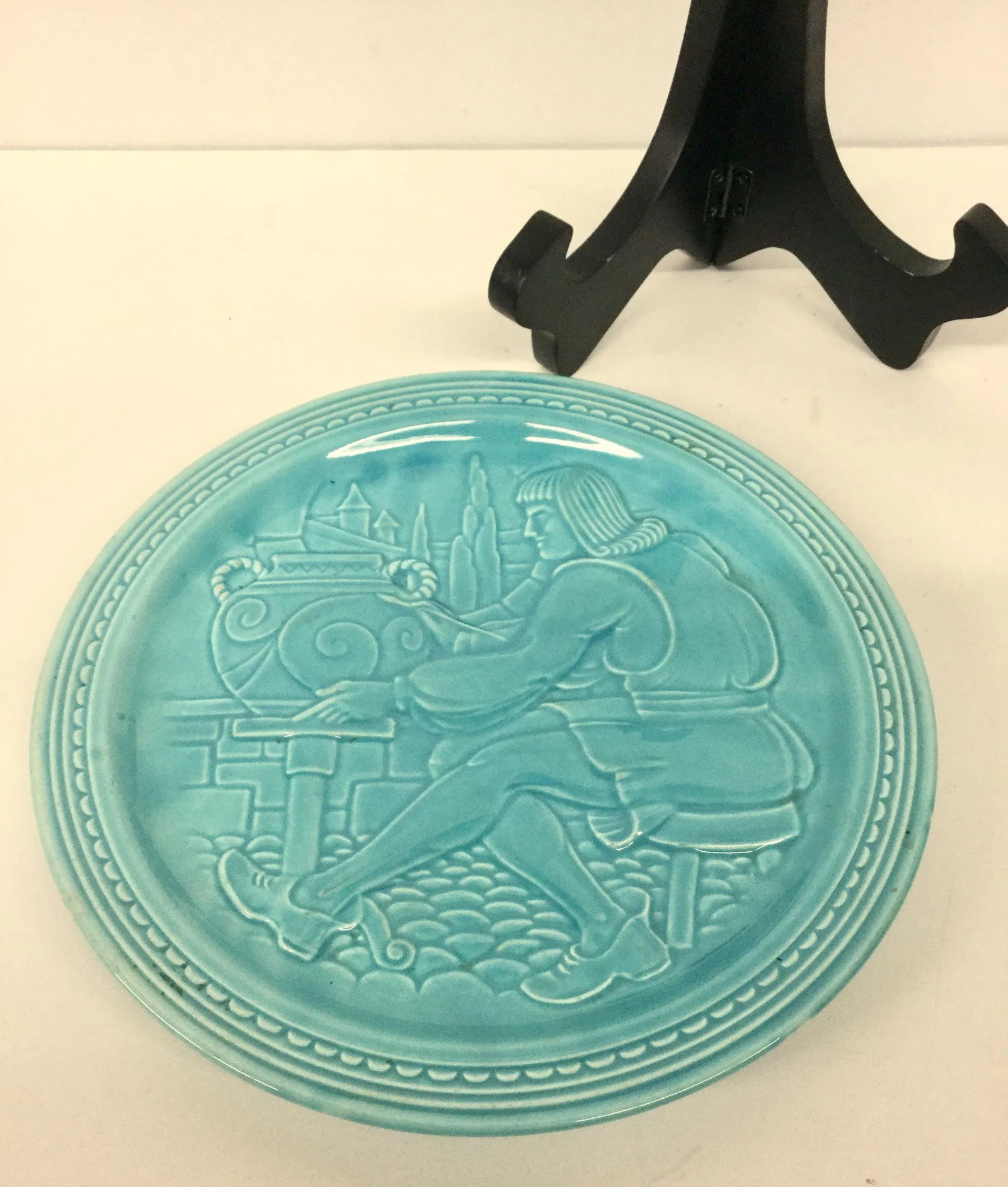 Vintage Aqua Ceramic Plate With Stand - 7