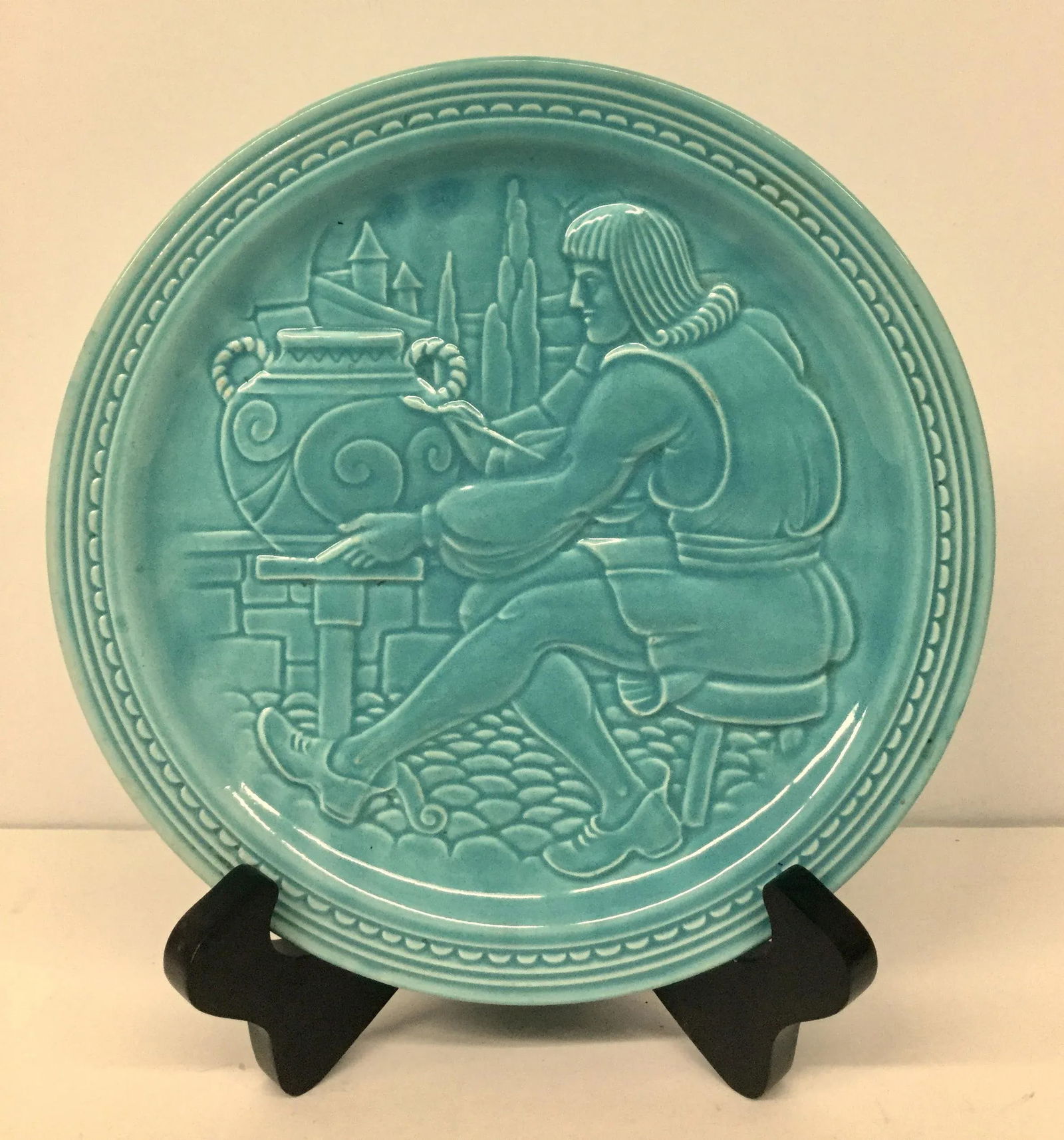 Vintage Aqua Ceramic Plate With Stand - 8