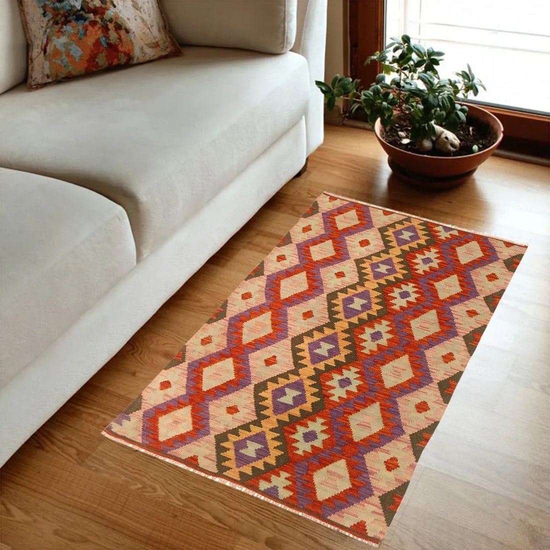 Caucasian Kilim Red Pink Wool Rug - 3'5" X 5'1" - 7