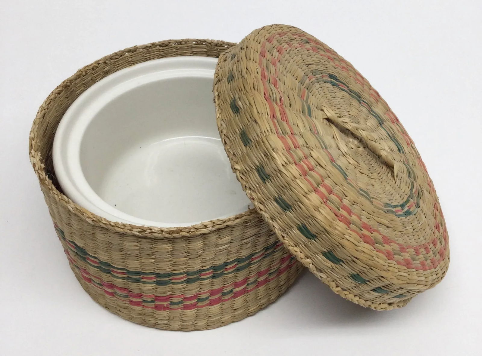 Vintage Woven Basket With White Ceramic Insert and Cover - 2