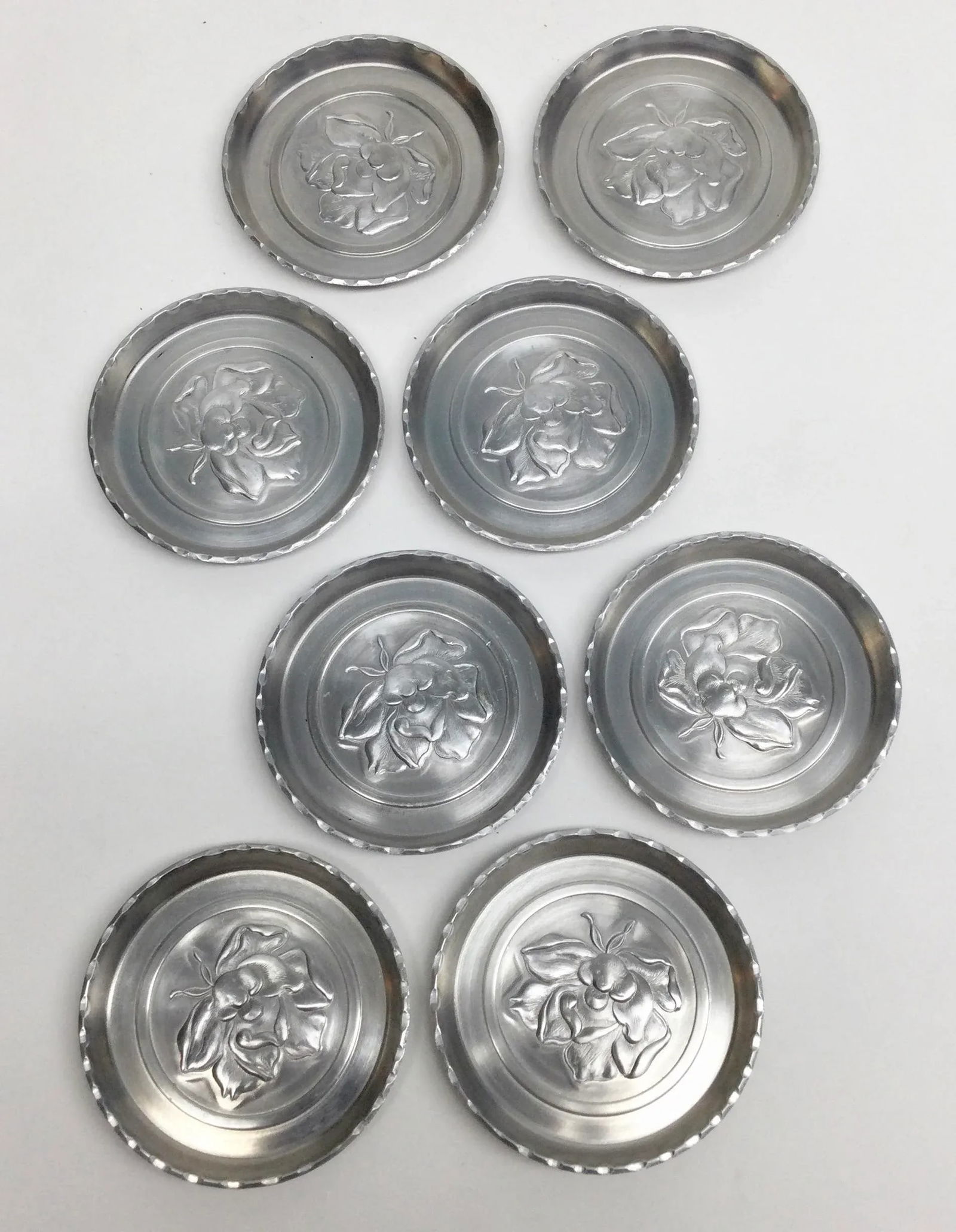 1960's Aluminum Rose Stamped Drink Coasters - Set of 8 - 11