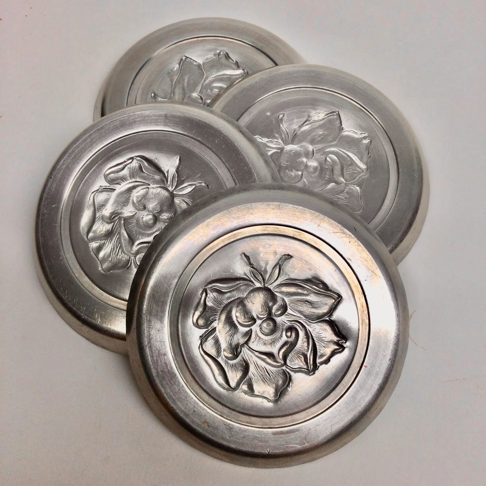 1960's Aluminum Rose Stamped Drink Coasters - Set of 8 - 2