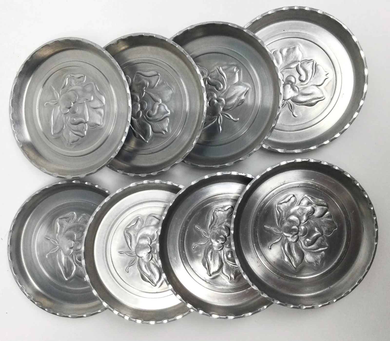 1960's Aluminum Rose Stamped Drink Coasters - Set of 8 - 3