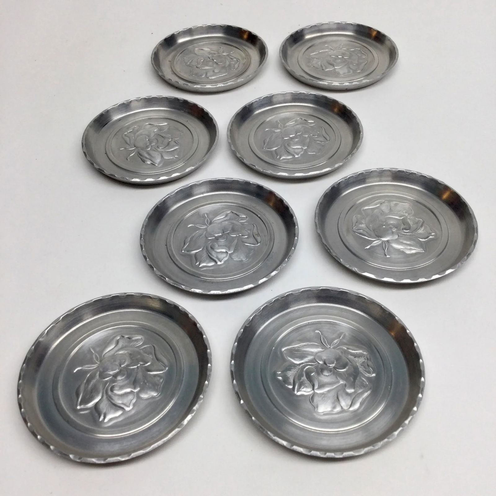 1960's Aluminum Rose Stamped Drink Coasters - Set of 8 - 4