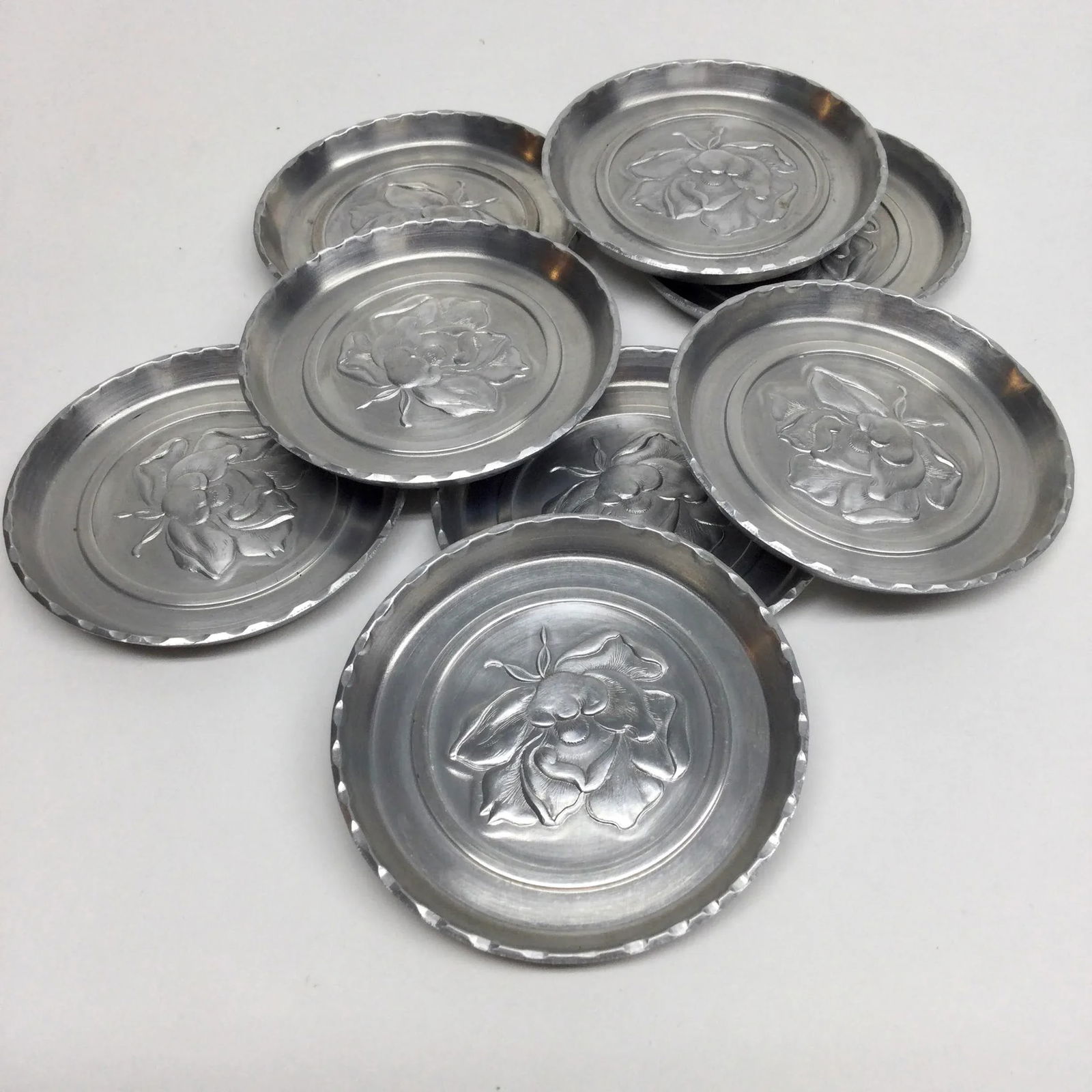 1960's Aluminum Rose Stamped Drink Coasters - Set of 8 - 5