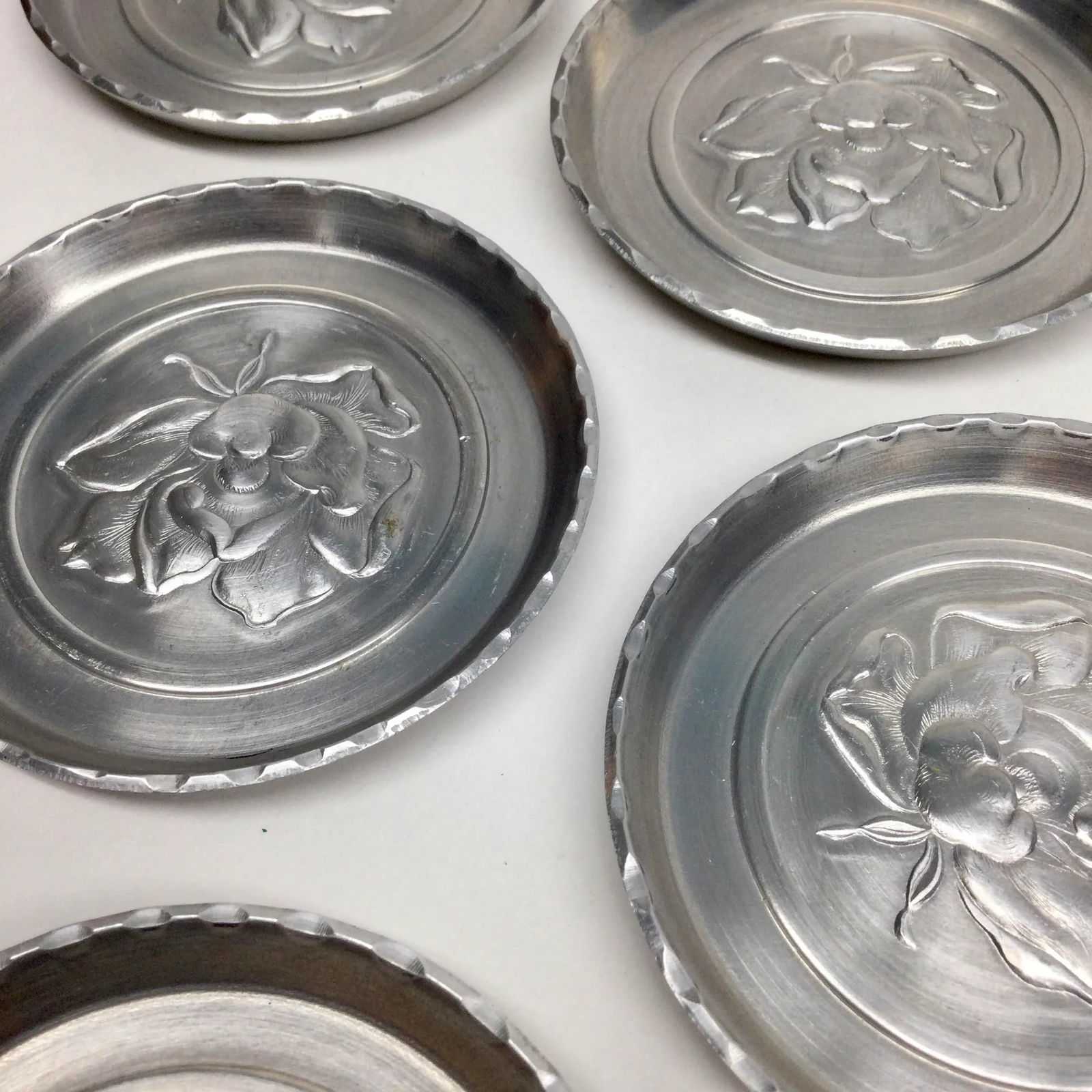 1960's Aluminum Rose Stamped Drink Coasters - Set of 8 - 7