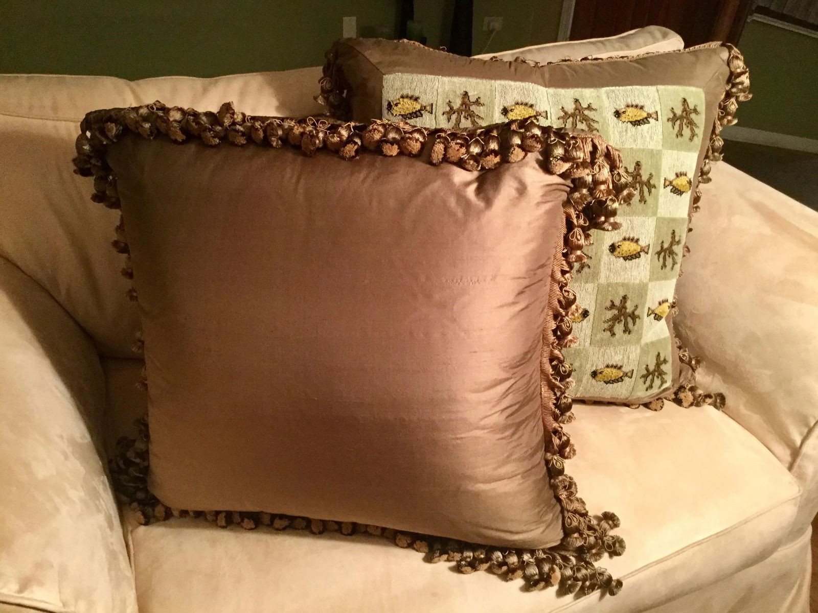 Custom Tailored Beachy Silk Tassel Trim Tapestry Pillows - a Pair - 2