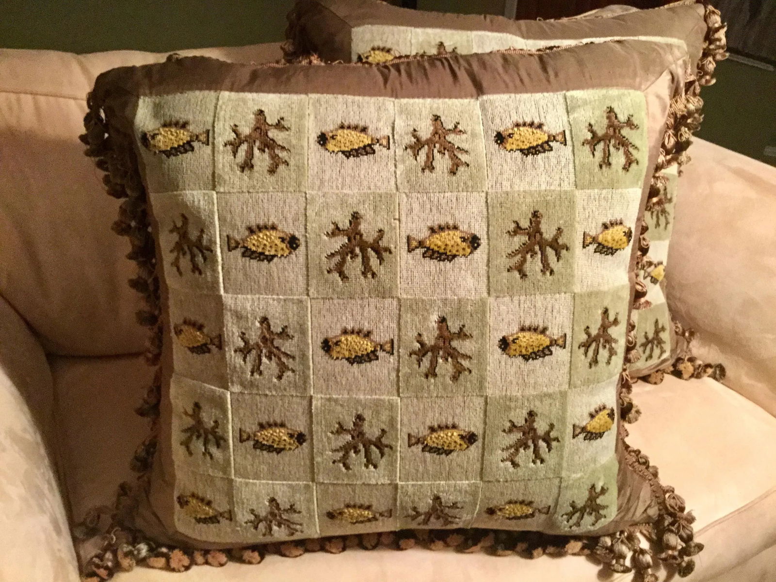 Custom Tailored Beachy Silk Tassel Trim Tapestry Pillows - a Pair - 3