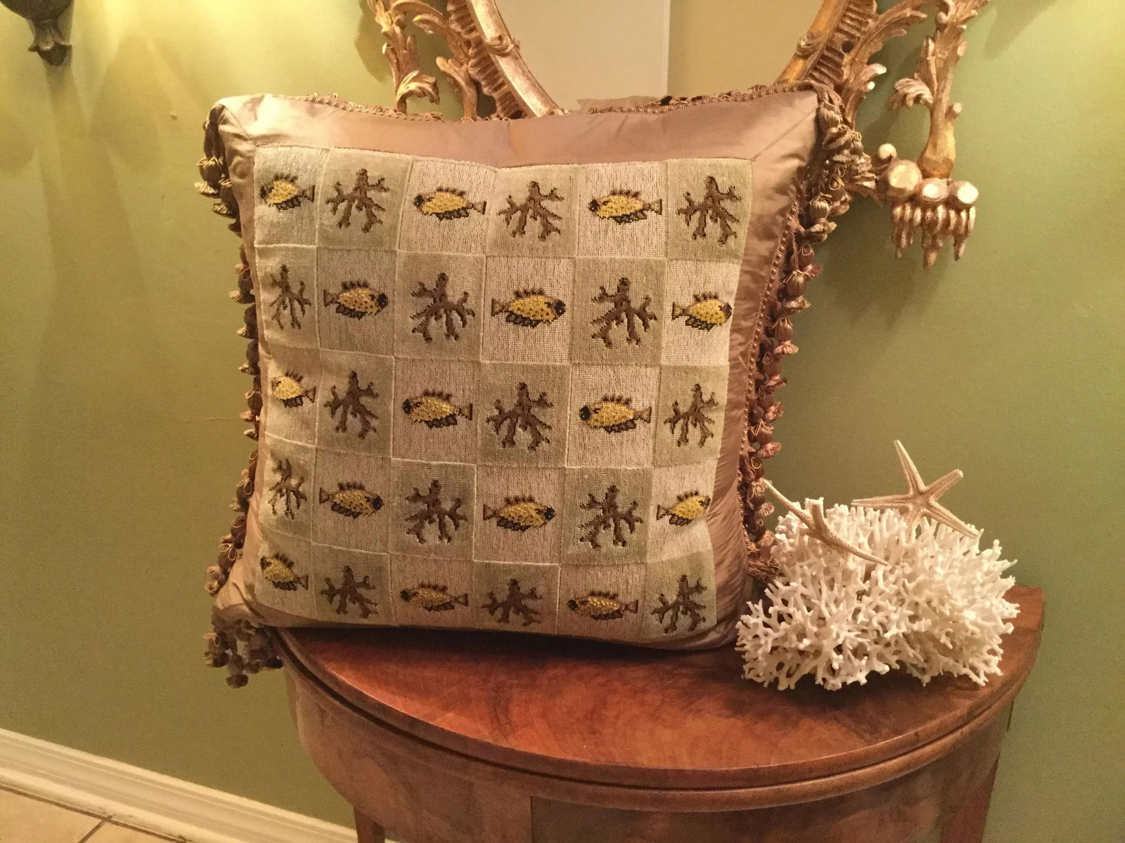 Custom Tailored Beachy Silk Tassel Trim Tapestry Pillows - a Pair - 6