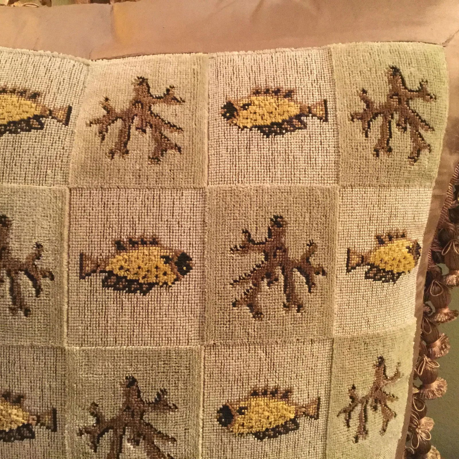 Custom Tailored Beachy Silk Tassel Trim Tapestry Pillows - a Pair - 7