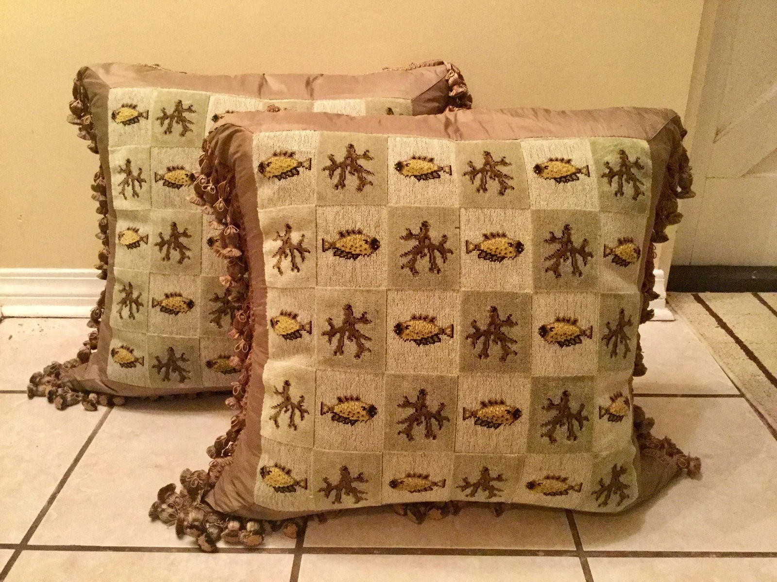 Custom Tailored Beachy Silk Tassel Trim Tapestry Pillows - a Pair - 8