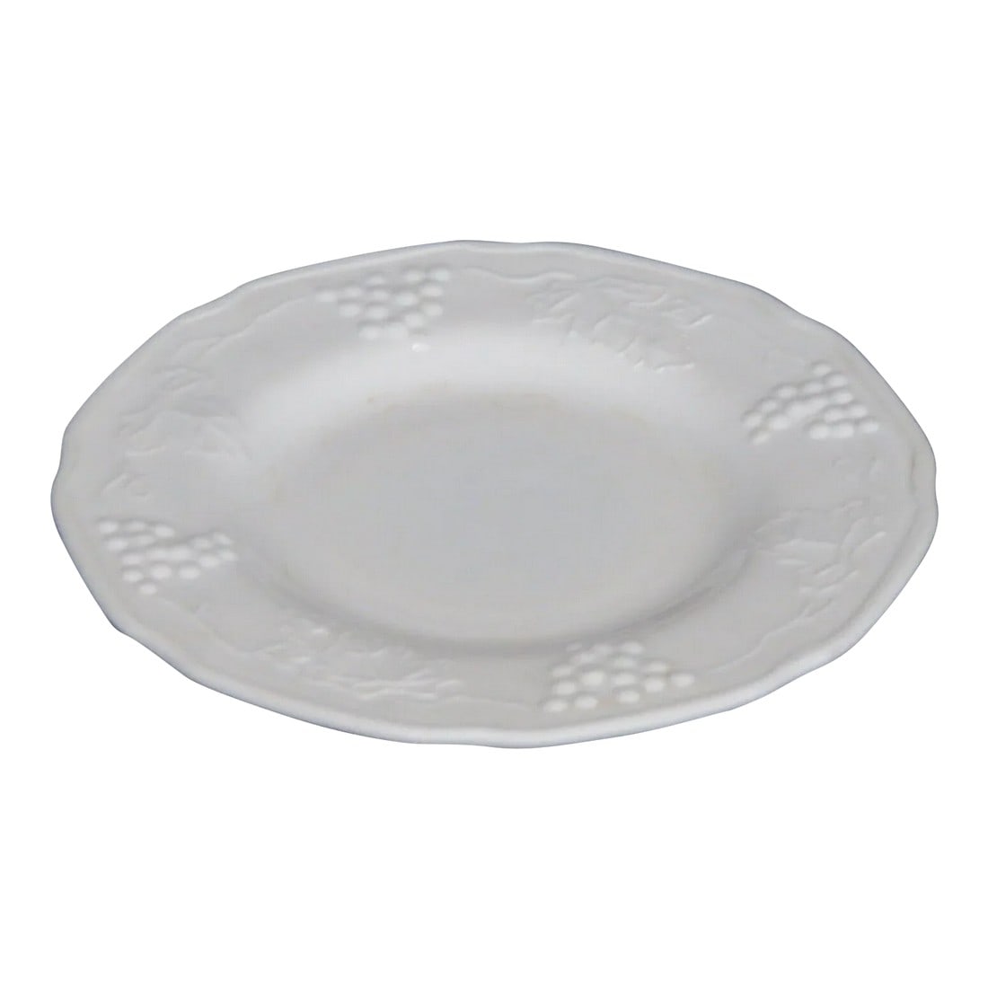 Indiana Colony Harvest Grape White Milk Glass Saucer Dish Small Plate: This lovely saucer / small dish is made of milk glass. This piece is made in the Harvest pattern used by Colony, a trademark of Indiana Glass, and this dish can be dated to the 1950s-1960s. This