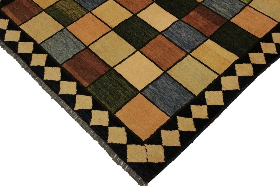 1990s Boho Chic Gabbeh Blue/Tan Wool Area Rug -4'0 X 5'4 - 2