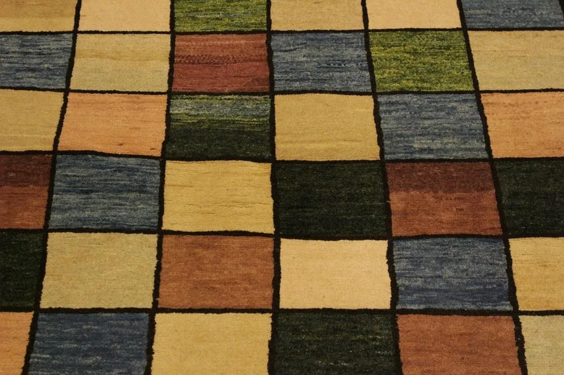 1990s Boho Chic Gabbeh Blue/Tan Wool Area Rug -4'0 X 5'4 - 6