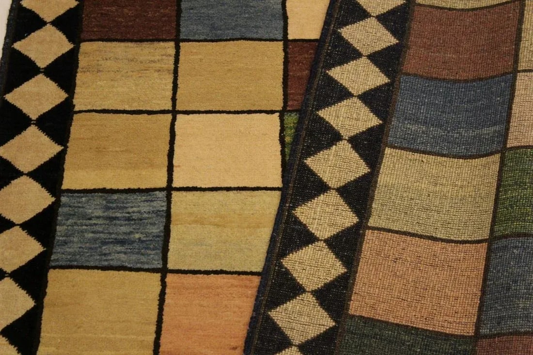 1990s Boho Chic Gabbeh Blue/Tan Wool Area Rug -4'0 X 5'4 - 7