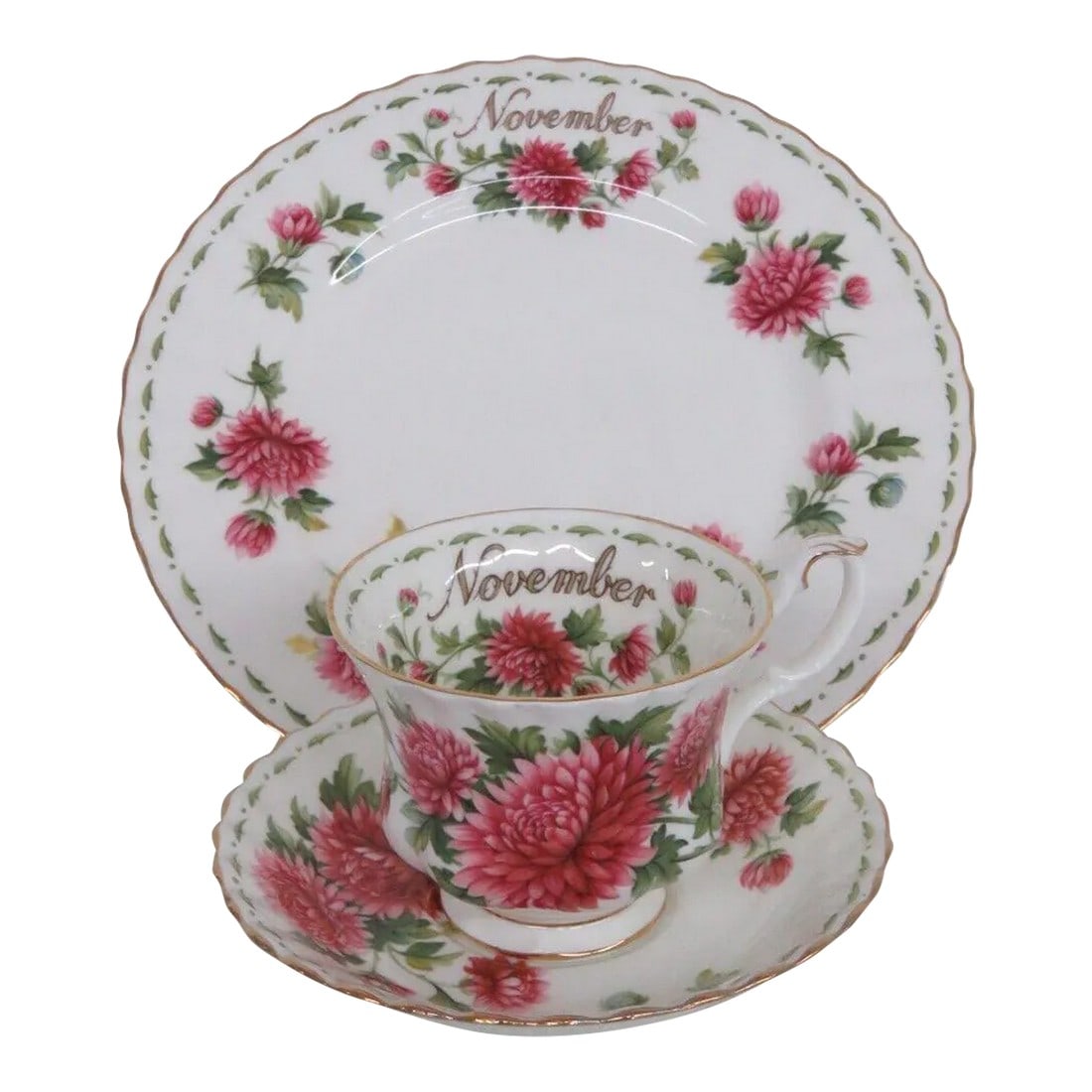 Royal Albert Bone China November Chrysanthemum Tea Cup Saucer Plate Set 3780b: This lovely tea cup saucer, and dessert plate set is made of bone china. This set is stamped as being made by Royal Albert in England, see pictures, and this set is part of the Flowers of the Month