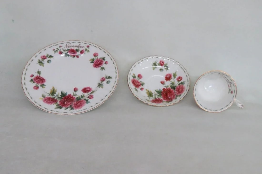 Royal Albert Bone China November Chrysanthemum Tea Cup Saucer Plate Set 3780b - 5