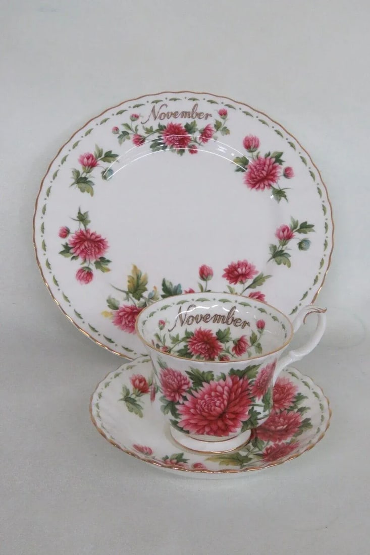 Royal Albert Bone China November Chrysanthemum Tea Cup Saucer Plate Set 3780b - 8