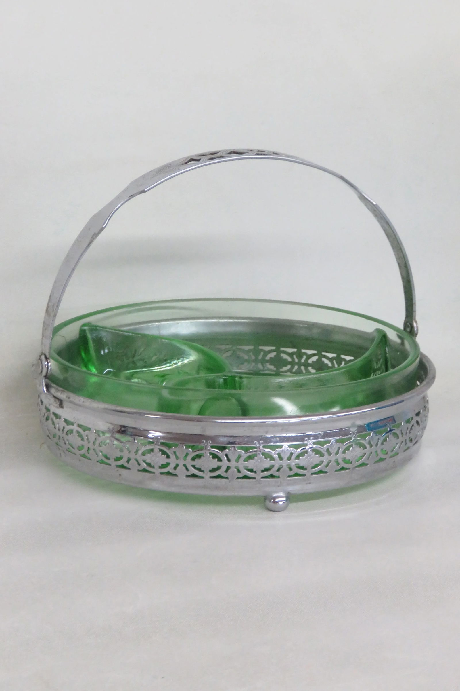 Green Depression Glass Divided Candy Relish Dish With Silver Metal Basket - 2