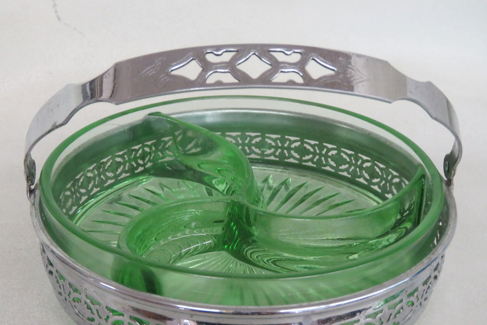 Green Depression Glass Divided Candy Relish Dish With Silver Metal Basket - 3
