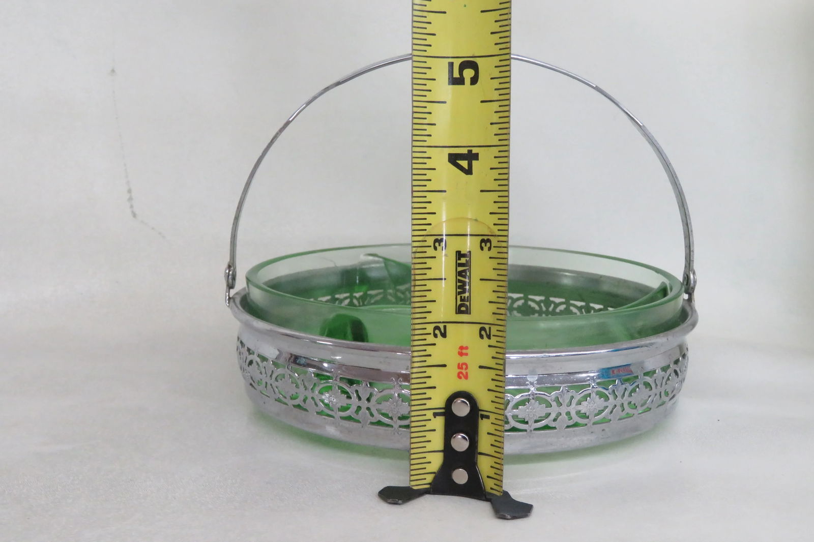 Green Depression Glass Divided Candy Relish Dish With Silver Metal Basket - 7