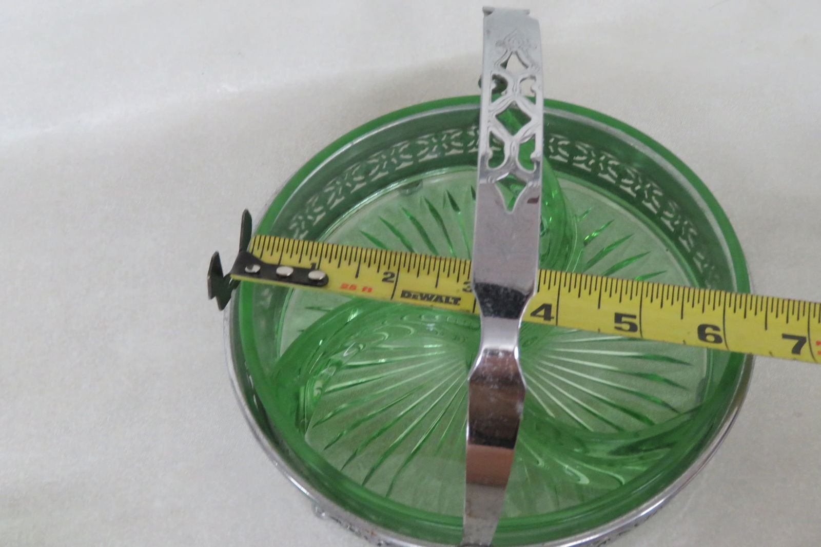 Green Depression Glass Divided Candy Relish Dish With Silver Metal Basket - 8