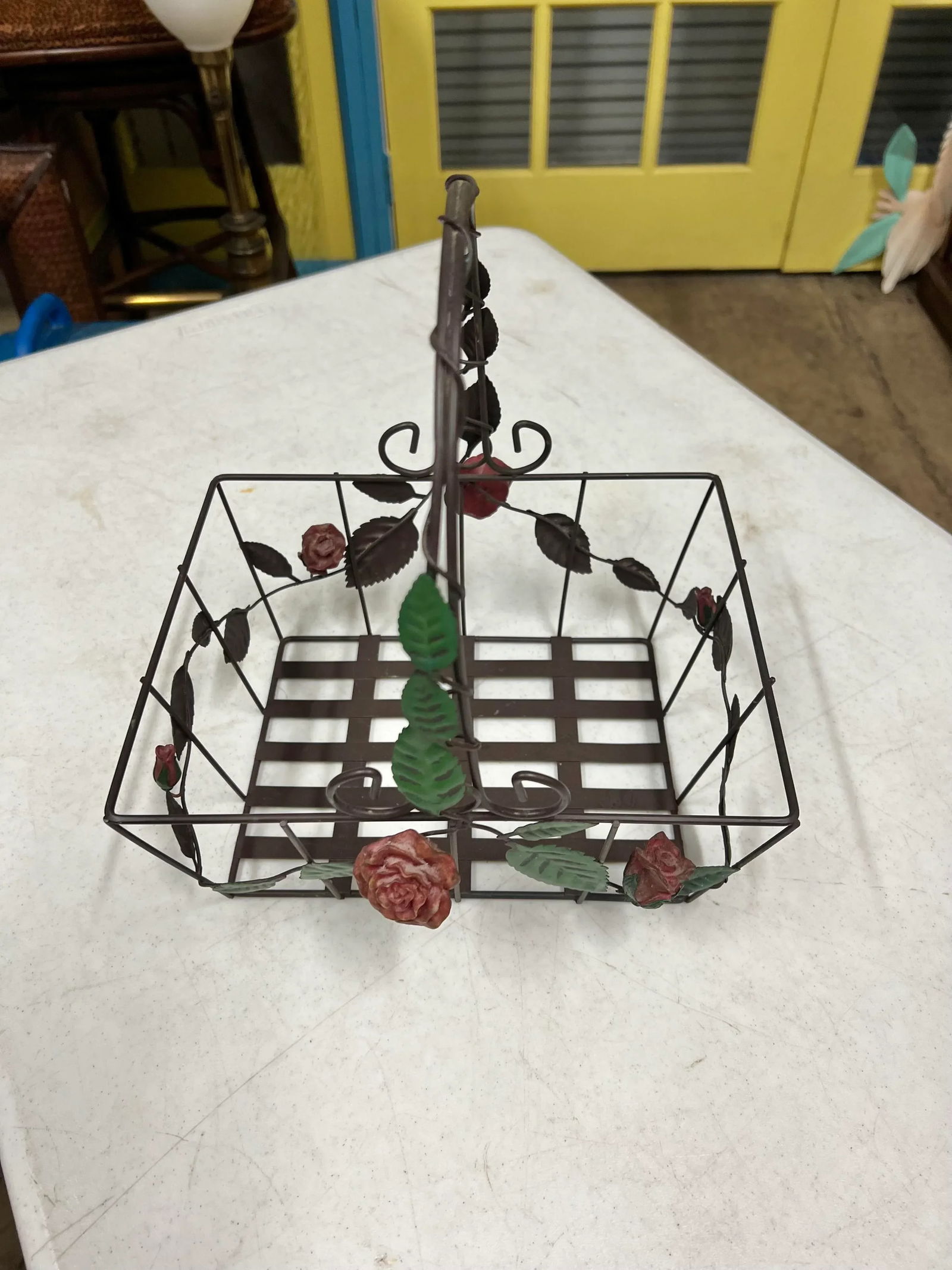 1980s Vintage Metal Basket With Roses With Handle - 2