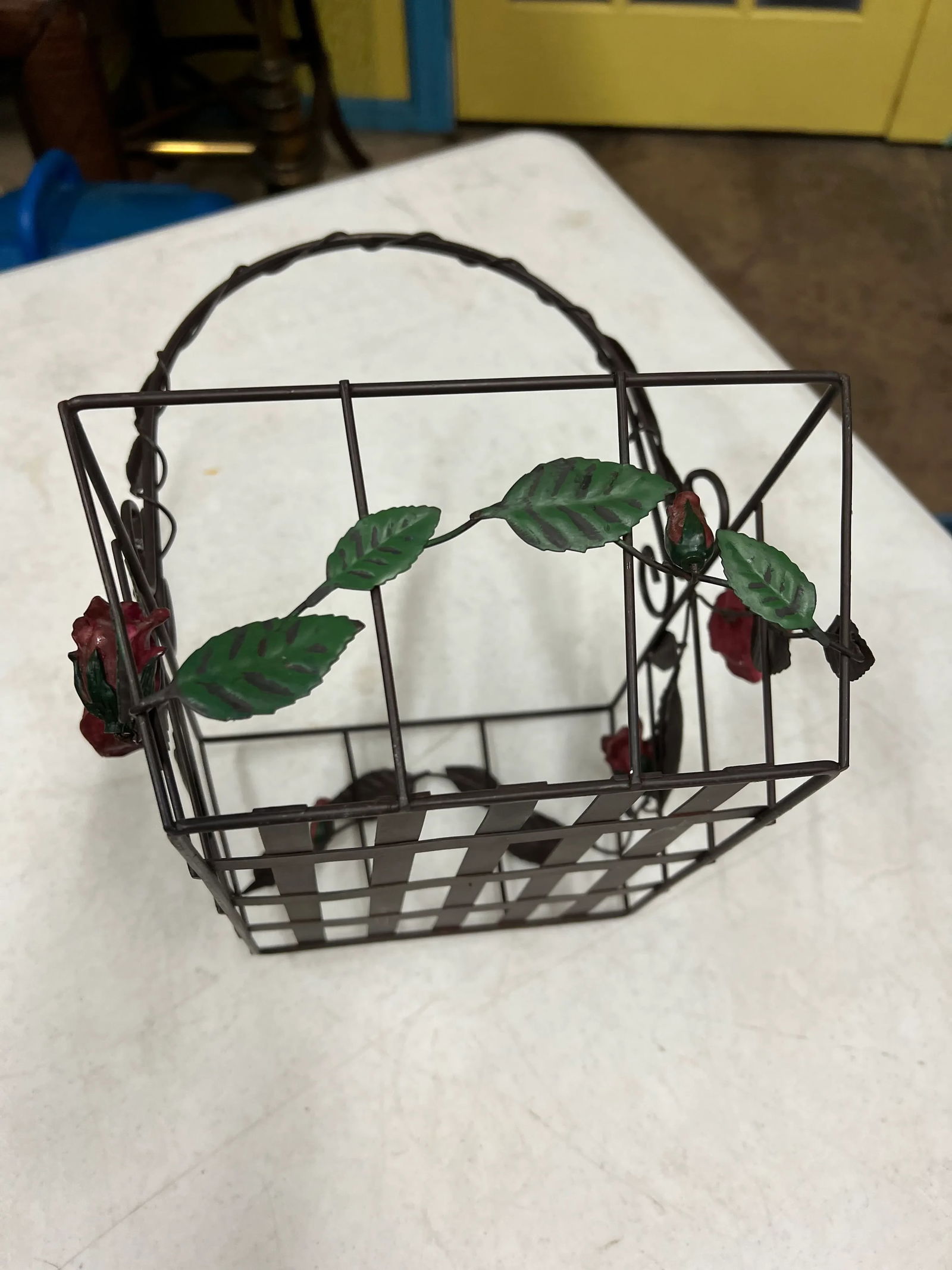 1980s Vintage Metal Basket With Roses With Handle - 3