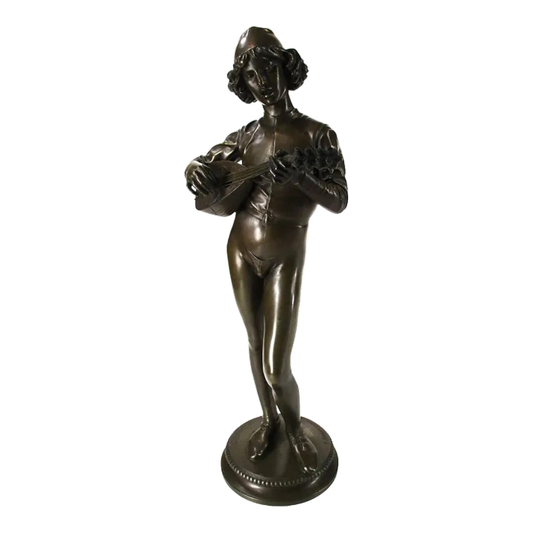 Le Chanteur Florentin Bronze Statue Artist Paul Dubois (1829-1905) Barbedienne Foundry: This stunning piece is a 15" bronze sculpture titled "Le Chanteur Florentine" by renowned French artist Paul Dubois. The sculpture is a stunning depiction of a 15th century Florentine singer, with