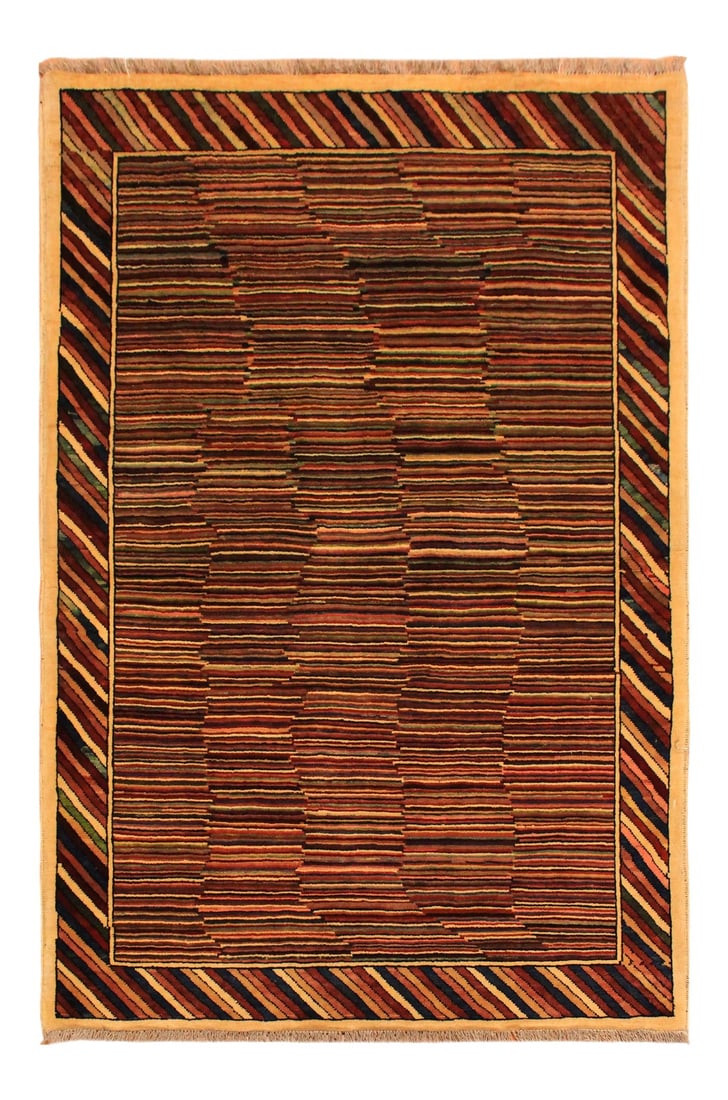 1980s Shabby Chic Gabbeh Blue/Red Hand-Knotted Wool Rug -3'3 X 4'9: With strict standards of craftsmanship and quality of materials used this modern inspired hand knotted gabbeh rug is a unique piece of world art. A fashionable handmade rug crafted by skilled