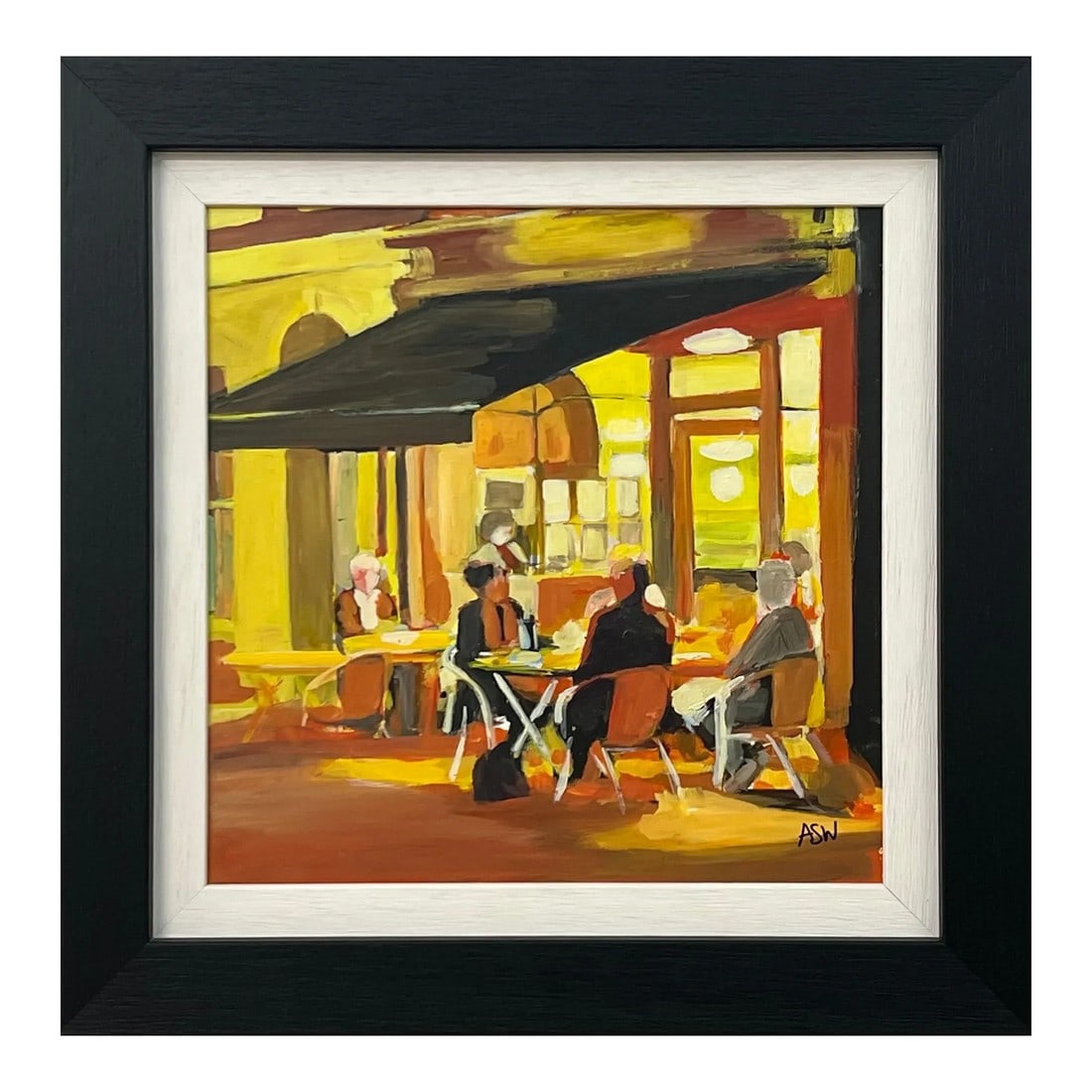 Angela Wakefield Painting Study of Al Fresco Spanish Tapas Bar Scene at Night by British Artist, 201: Painting Study of Al Fresco Spanish Tapas Bar Scene at Night by leading British Landscape Artist, Angela Wakefield. Art measures 12 x 12 inches Frame measure 16 x 16 inches Angela Wakefield has