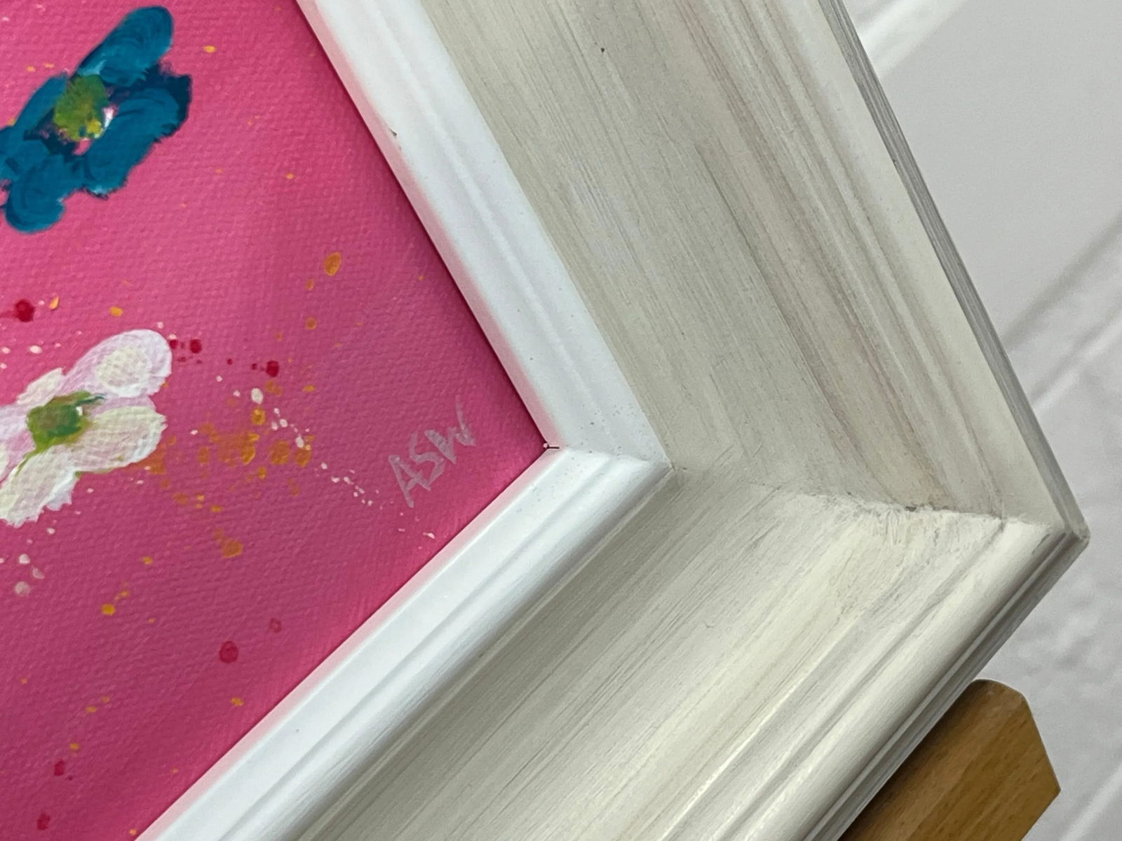 Abstract White & Turquoise Flowers on Pink Background by Contemporary Artist, 2023 - 10