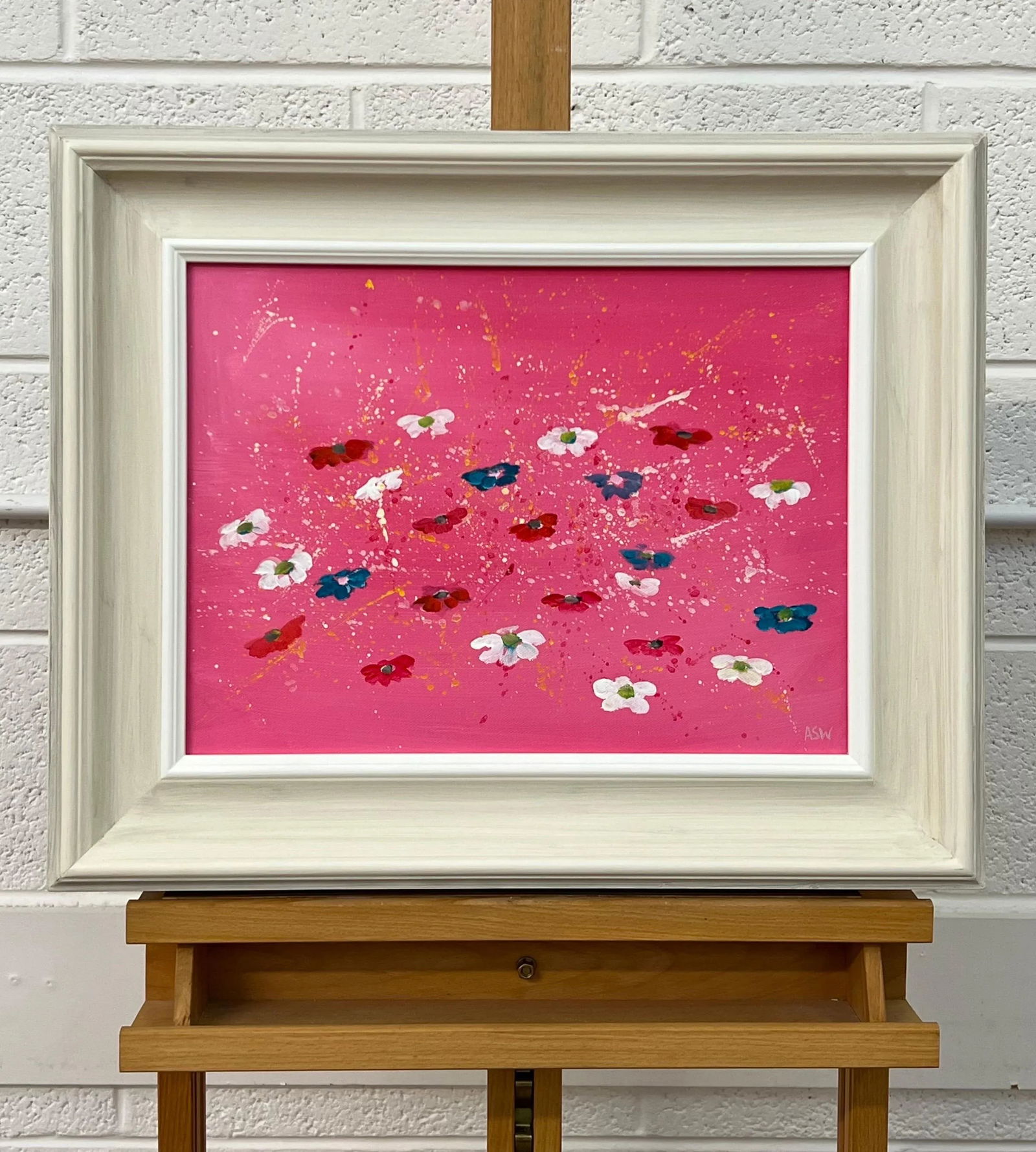 Abstract White & Turquoise Flowers on Pink Background by Contemporary Artist, 2023 - 3