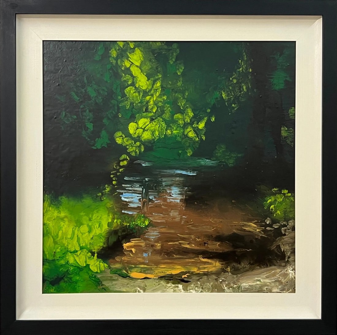 Colin Halliday Impressionistic English River Landscape Original Oil Painting by British Artist, 2008: Impressionistic English River Landscape Painting Original Oil by British Artist. A matt varnished mixed media artwork on deep edge canvas capturing the shimmering reflections of sunlight on the