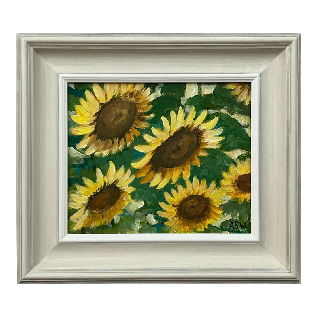 Angela Wakefield Golden Yellow Sunflowers Study on Green Background by Contemporary Artist, 2023: Golden Yellow Sunflowers Study on Green Background by Contemporary British Artist, Angela Wakefield. Art measures 12 x 10 inches Frame measure 18 x 16 inches Angela Wakefield has twice been on the