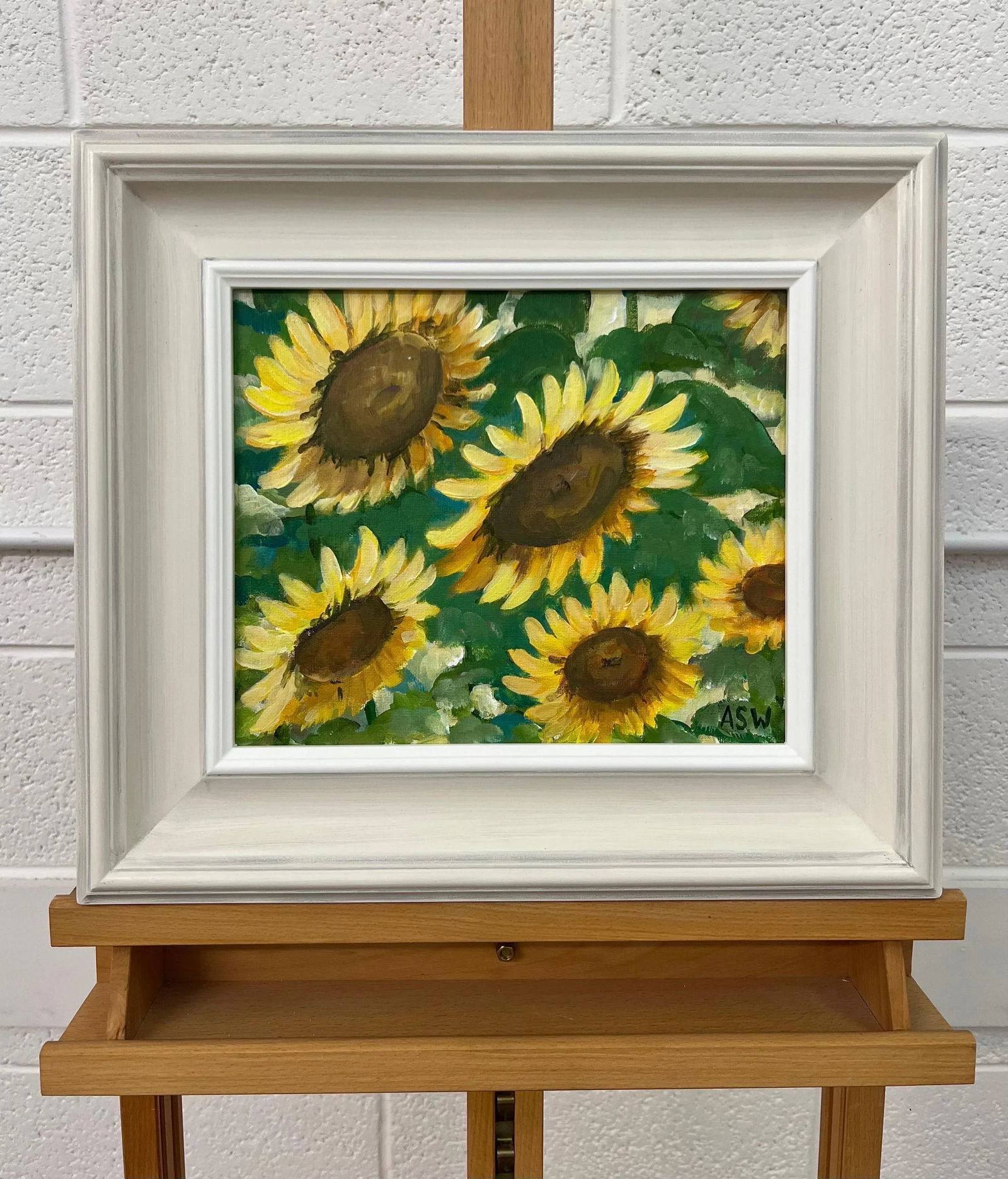Angela Wakefield Golden Yellow Sunflowers Study on Green Background by Contemporary Artist, 2023 - 3